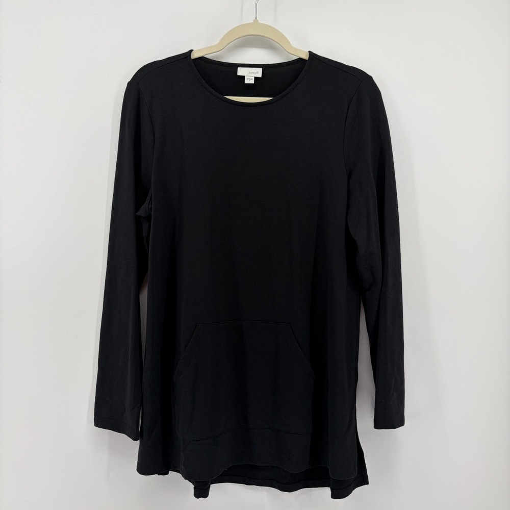 Pure Jill Tunic Top Black Womens Medium Long Sleeve Kangaroo Pocket Side Slit